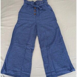 Coco + Jaimeson Linen Paperbag Waist Pants Womens M Blue Wide Leg Tie Front NWT